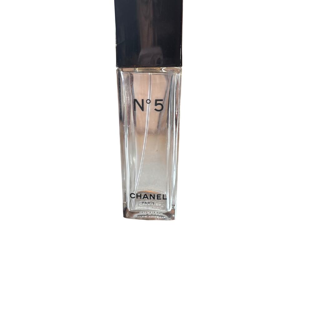 empty Chanel No. 5 Eau de Toilette spray bottle.